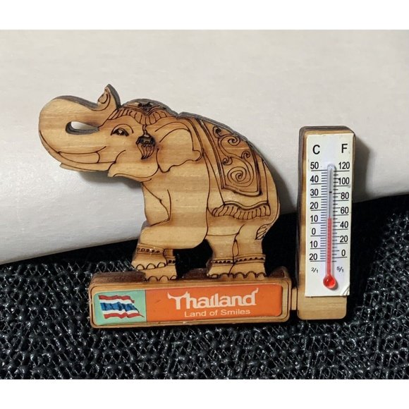 Vintage Thailand Handmade Wooden Elephant Thermometer Souvenir Land of Smiles - Picture 2 of 4